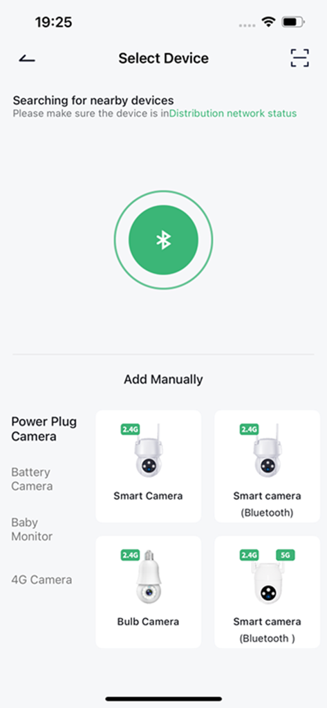 Écran de l'application CloudPlus pour rechercher des appareils à proximité et ajouter manuellement des caméras intelligentes