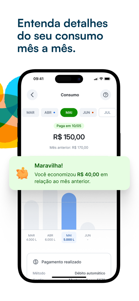Sabesp Mobile app interface displaying monthly water consumption bar chart and savings alert