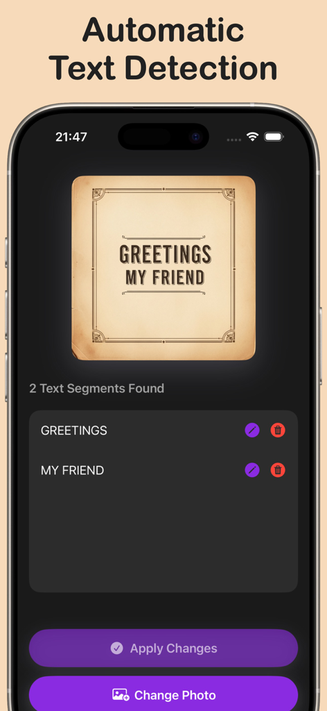 모바일 앱 인터페이스에서 편집 및 제거를 위해 사진 속 문구를 자동으로 감지하는 모습