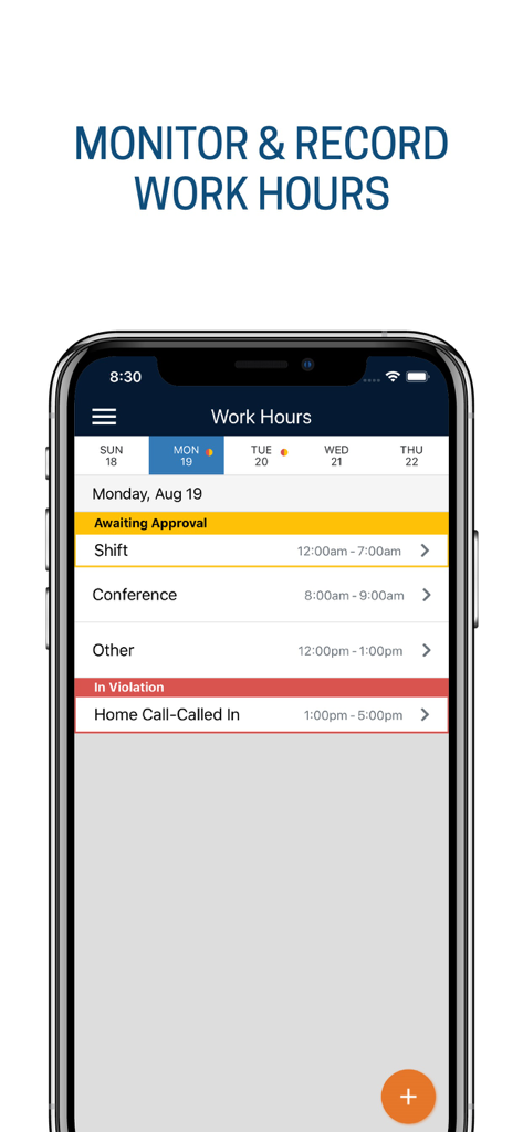 Interface do aplicativo móvel Novas Inovações para monitorar e registrar horas de trabalho de residentes médicos com status de conformidade.