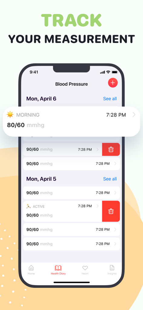 Pulse Plus: Heart Rate Monitor - Pantalla de la aplicación Pulse Plus mostrando un diario de salud con una lista de mediciones de presión arterial registradas por fecha y hora.