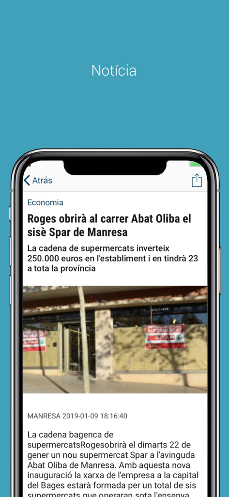 A local news article about a supermarket opening in Manresa displayed on the regio7.cat mobile app