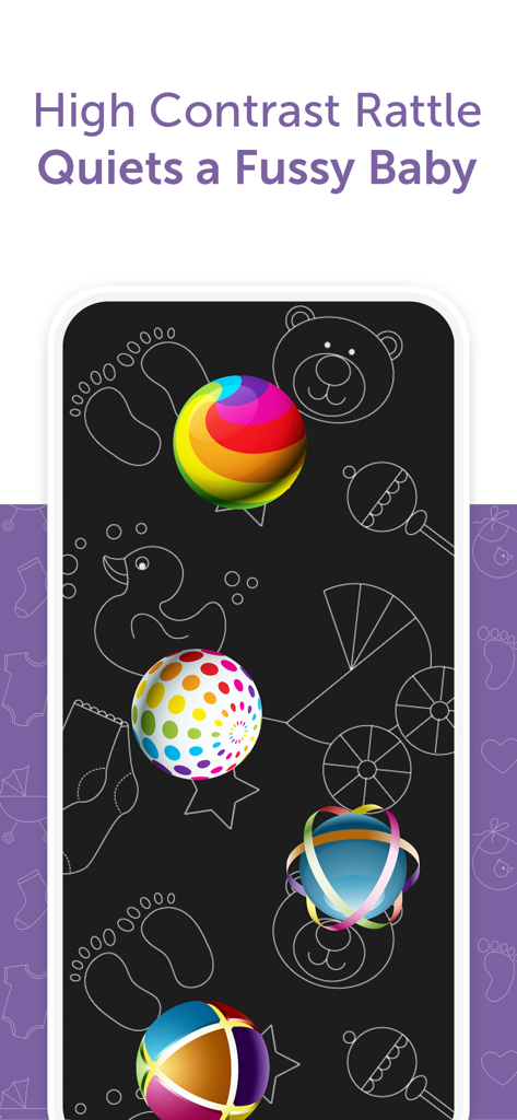 White Noise Baby app high contrast rattle screen with colorful 3D shapes on a dark background