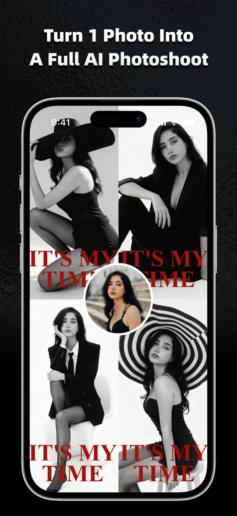 A smartphone screen displaying the AI Marvels app turning a single photo into a collection of stylish black and white portraits.