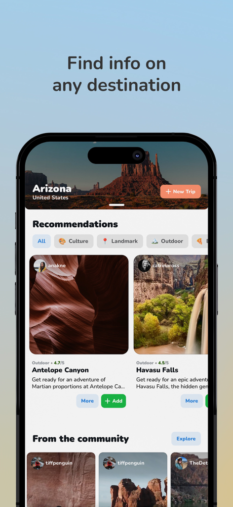 Steller travel app interface displaying Arizona destination recommendations and community photos