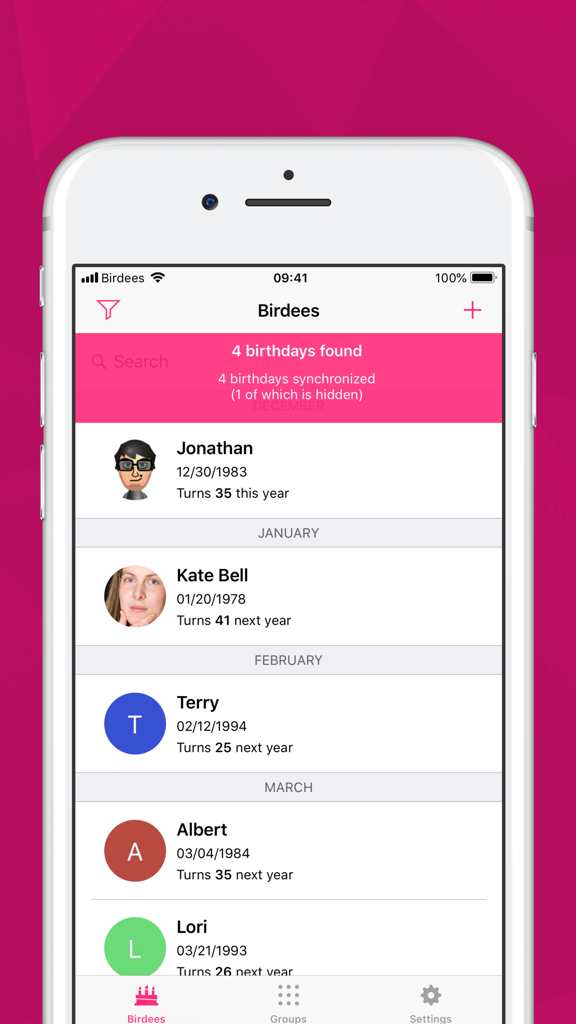 Birdees - Birthday Reminder - A mobile app interface displaying a chronological list of upcoming birthdays with names and profile photos in a pink theme.