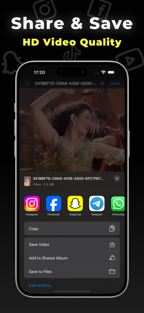 Interfaccia dell'app Blackhole Lite che mostra opzioni per condividere e salvare clip video HD su piattaforme di social media come Instagram e Snapchat.