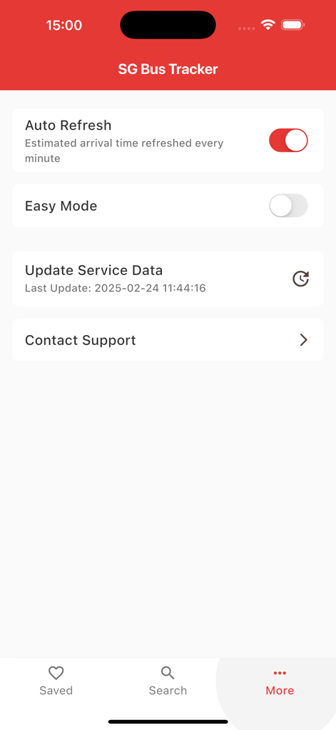The settings menu of the SG Bus Tracker app showing options for auto-refresh, easy mode, and updating service data.