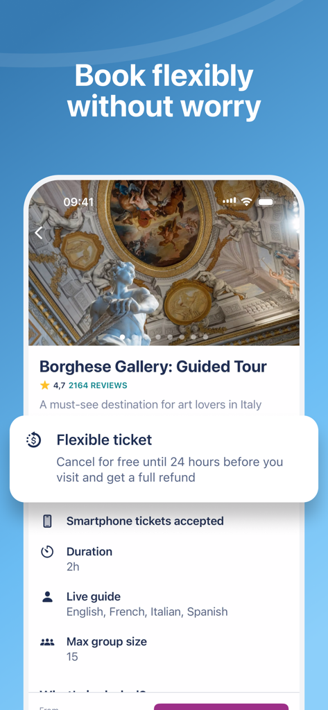 Tiqets - Museums & Attractions - Tiqets mobile app interface showing a flexible booking option for a guided tour of the Borghese Gallery with free cancellation.
