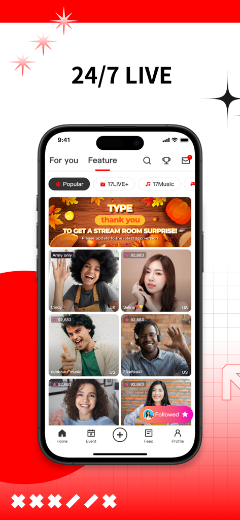 17LIVE - Live Streaming & Chat - 17LIVE mobile app home screen showing a diverse grid of live streamers and the feature feed