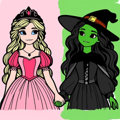 a princess and a witch holding hands realistic