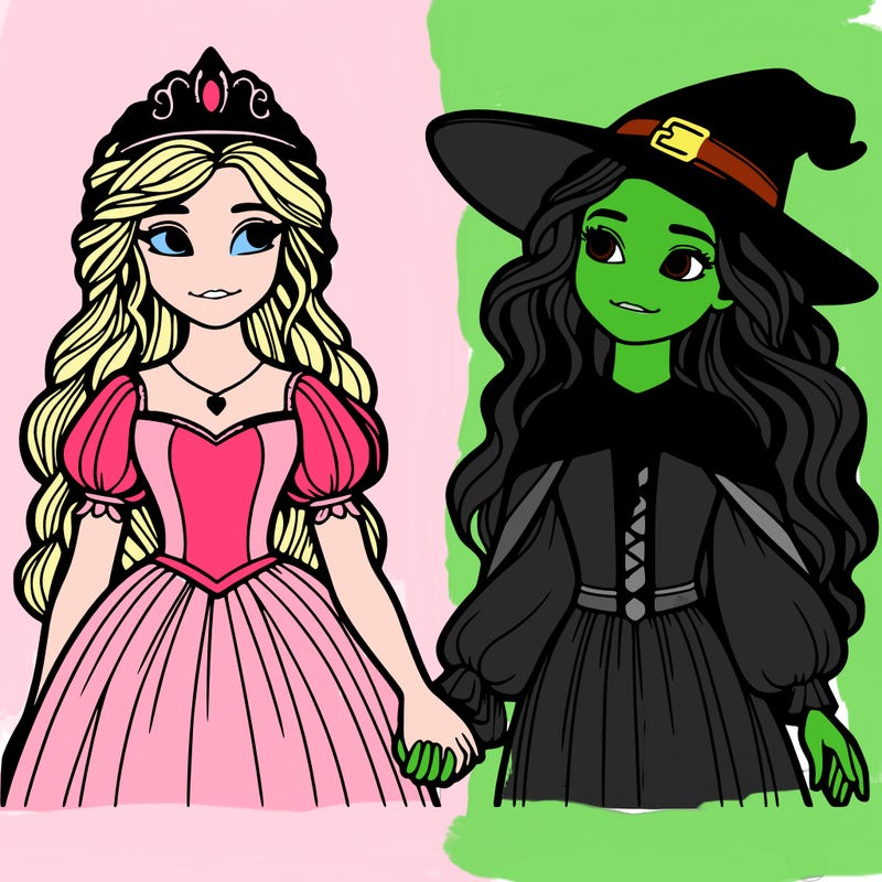 a princess and a witch holding hands realistic