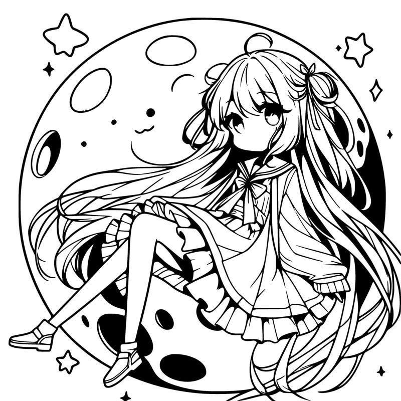 anime girl sitting on the moon with long dress with hair down