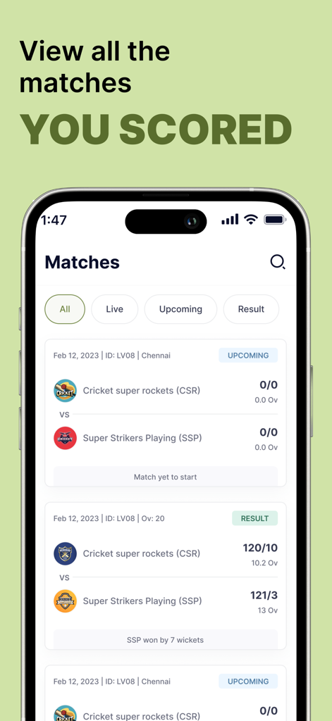 CricDost Scorer app screen displaying a list of cricket match results and upcoming games