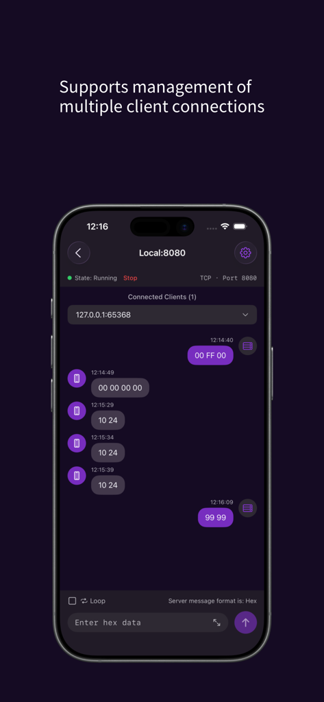 SocketChat - TCP&UDP Debug - Interfaccia dell'app SocketChat che mostra la gestione di connessioni client multiple TCP UDP con pacchetti di dati esadecimali.