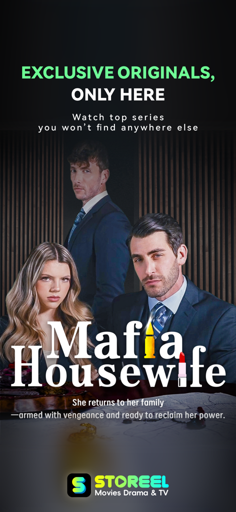Pantalla promocional de la serie Mafia Housewife en la aplicación StoReel con los tres personajes principales.