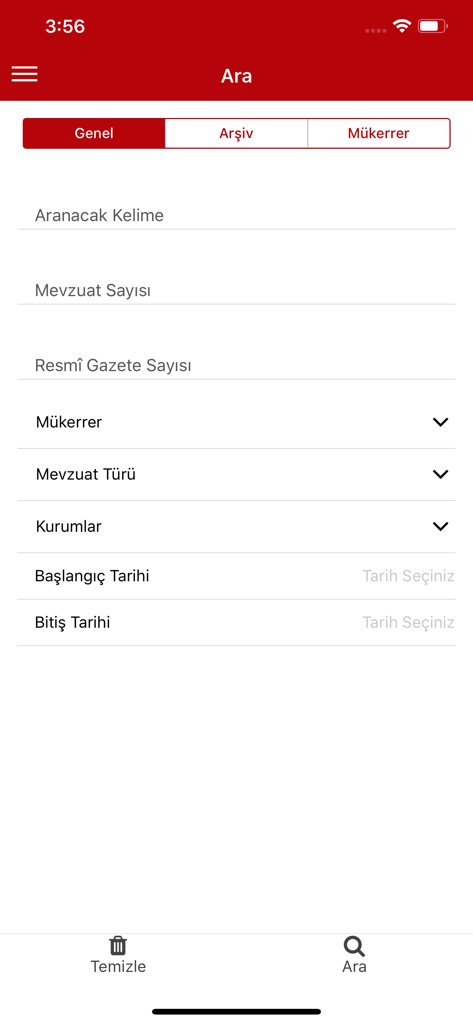 T.C. Resmi Gazete - Advanced search screen of the T.C. Resmi Gazete mobile app with legal document filters
