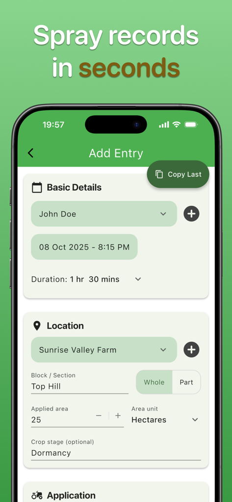 Spraybook mobile app interface for creating a chemical spray record entry.