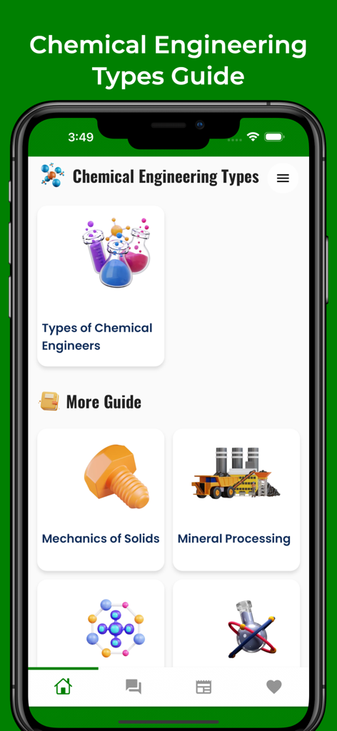 Oberfläche der mobilen App Learn Chemical Engineering mit Lernleitfäden für Mechanik der Festkörper und Mineralaufbereitung