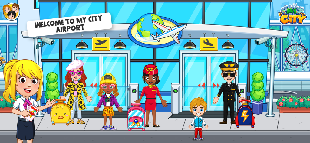 My City: Airport Adventure - カラフルな荷物を持ったカートゥーンキャラクターがマイシティ空港の入り口に立っている
