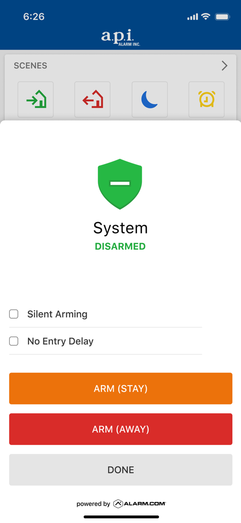 apiALARM - Interface for arming and disarming the apiALARM security system showing system disarmed status and arming options