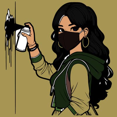 realistic girl with mask spray painting a wall