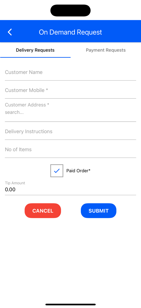 iOrders Restaurant Admin - A delivery request form in the iOrders Restaurant Admin app for entering customer and order information