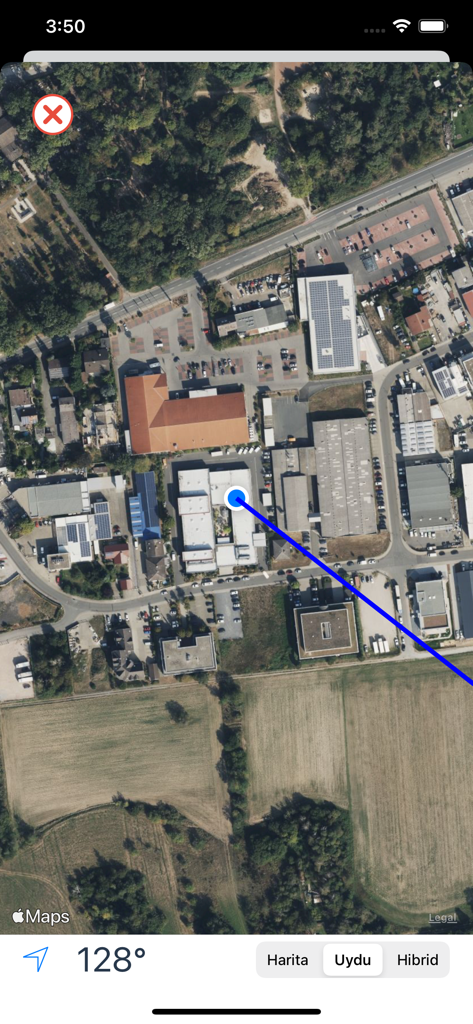 NamazVakti - NamazVakti app interface showing the Qibla finder with a direction line on a satellite map view at 128 degrees