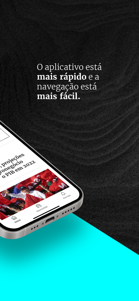 Gazeta do Povo - Smartphone displaying the Gazeta do Povo news app interface with a message in Portuguese about improved speed and navigation.