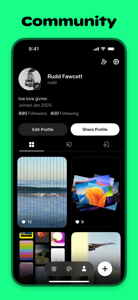 A user profile screen in the Gizmo app showing a portfolio of interactive digital creations and social stats.
