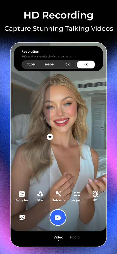 Vmake: AI Talking Video Editor - Interfaz de la aplicación Vmake mostrando opciones de grabación HD con una selección de resolución 4K y una vista previa de video en pantalla dividida de una mujer usando filtros de belleza.