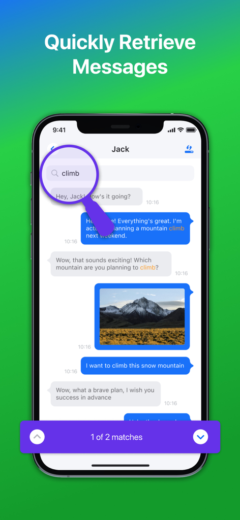 Ein Screenshot der FX Backup Message and Image App, der die Such- und Wiederherstellungsfunktion für Nachrichten zeigt