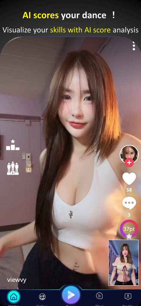 A smartphone app interface showing a dancer receiving an AI score and motion analysis feedback