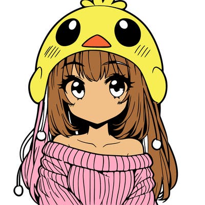 anime girl with chick shaped hat with sweater with bare shoulders with bangs covering them one eye with low tail