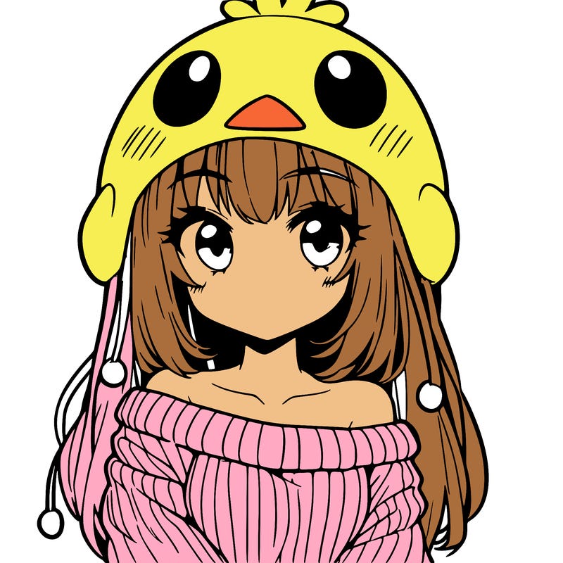 anime girl with chick shaped hat with sweater with bare shoulders with bangs covering them one eye with low tail