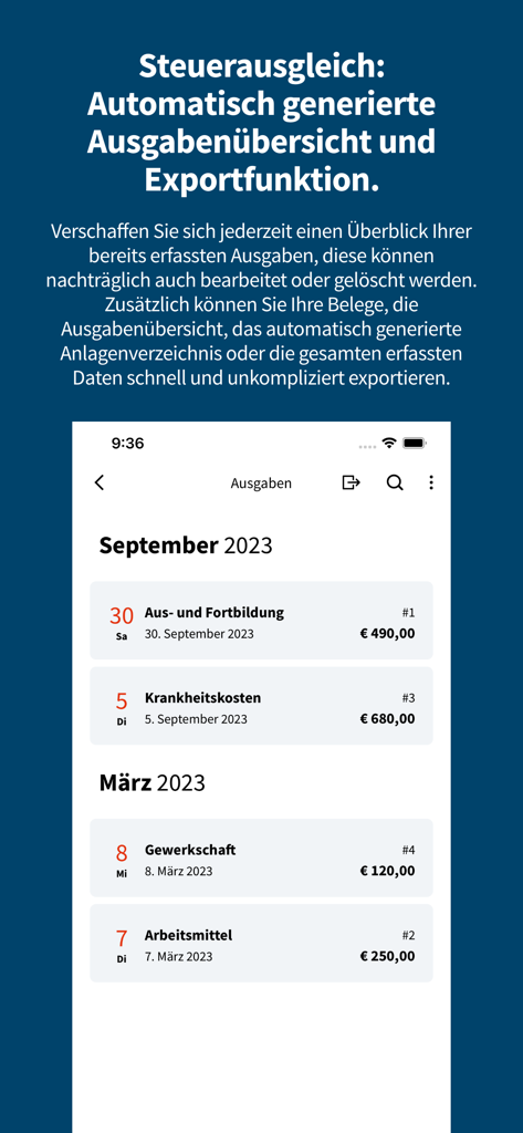 FinanzOnline app interface displaying a monthly list of tax deductible expenses