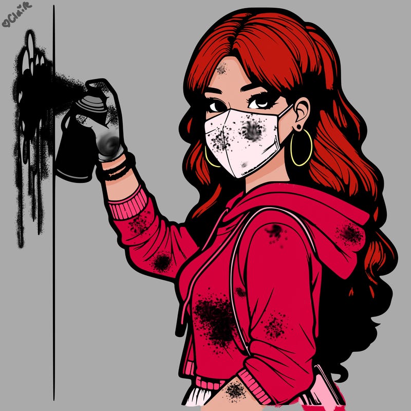 realistic girl with mask spray painting a wall