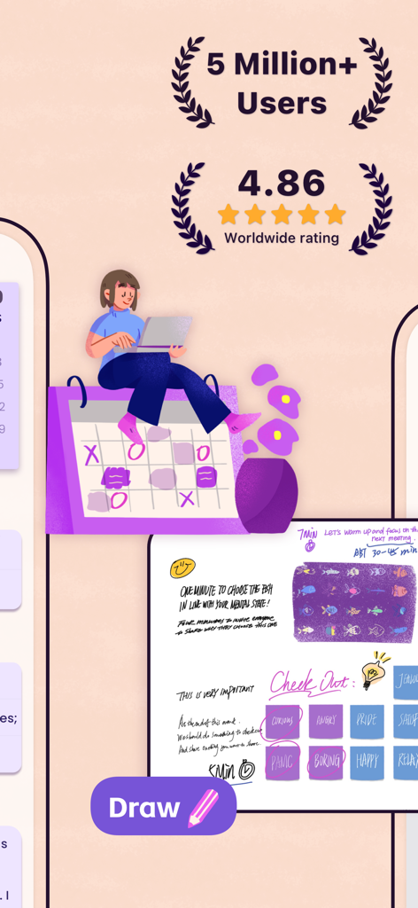 Planner Pro - Daily Planner - Promotional image for Planner Pro highlighting high user ratings and digital drawing features