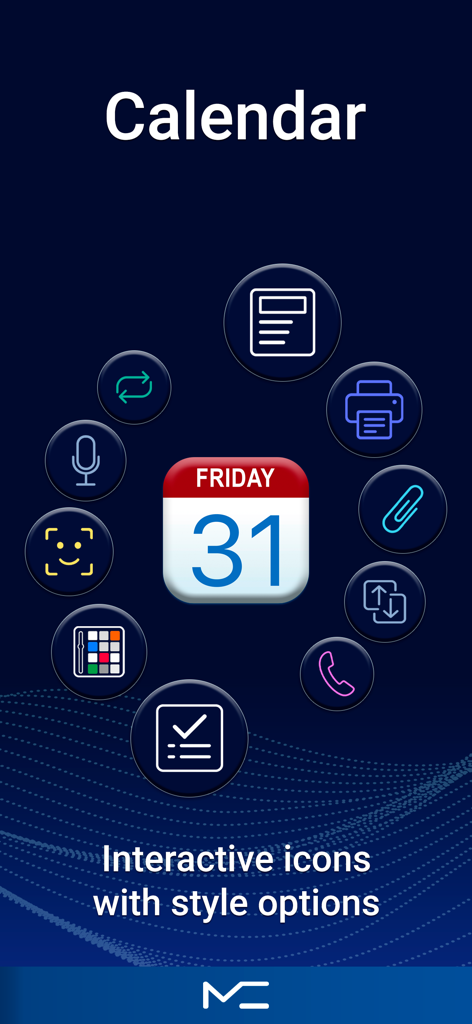 Calendar: To Do List & Notes - MC Calendar app interface displaying interactive icons for productivity features like tasks notes and custom style options