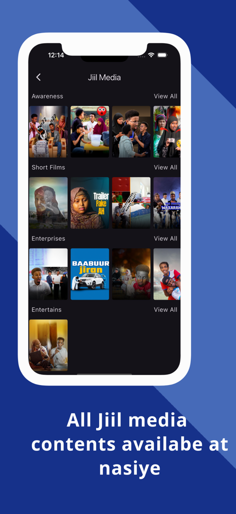 Interface of Nasiye app displaying Jiil Media categories like short films and entertainment.