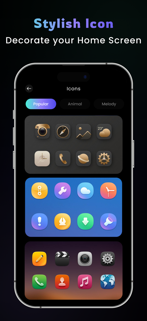 Una pantalla móvil que muestra varios conjuntos de iconos de aplicaciones estéticas para decorar la pantalla de inicio de un iPhone.