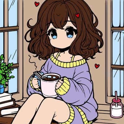 cute anime girl reading book and drinking hot chocolate from mug with loose wavy hair wearing a baggy sweatshirt and shorts sitting by windowsill looking out