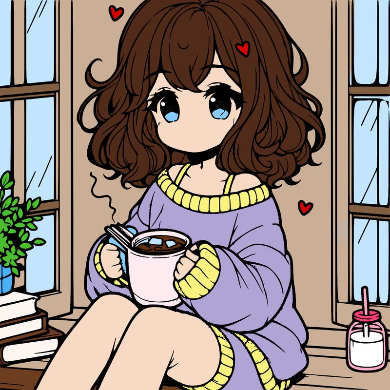 cute anime girl reading book and drinking hot chocolate from mug with loose wavy hair wearing a baggy sweatshirt and shorts sitting by windowsill looking out