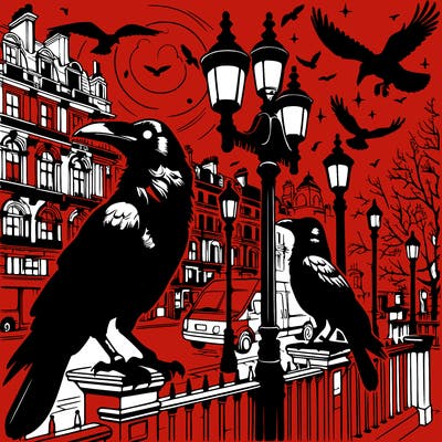 realistic victorian crows in london at night on lamp posts