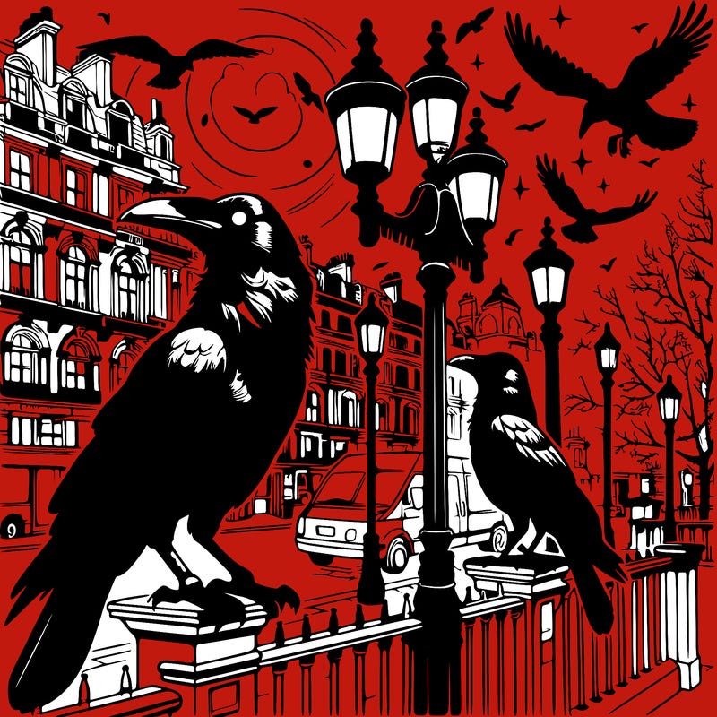 realistic victorian crows in london at night on lamp posts