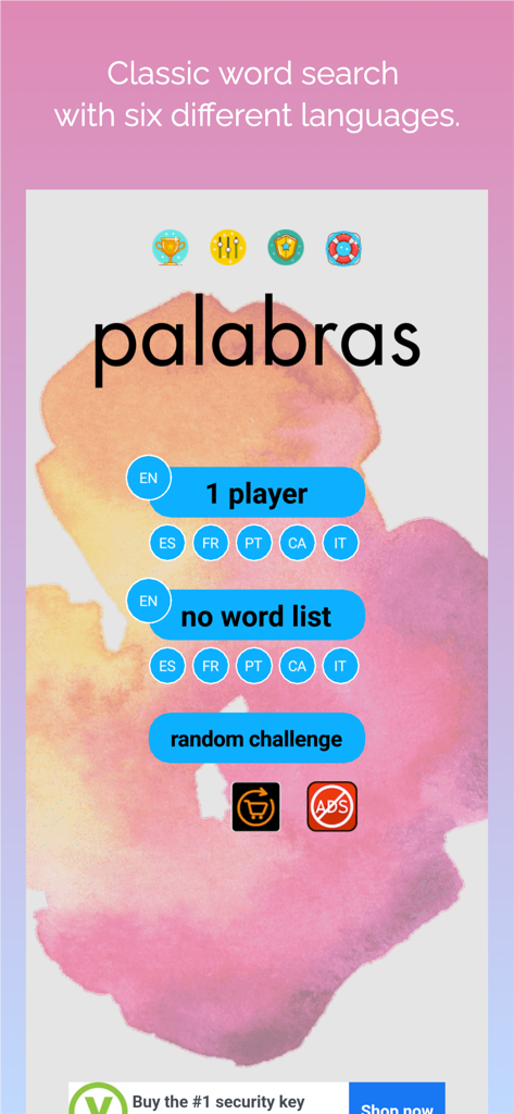Main menu of the Busca Palabras word search app with language options and watercolor background