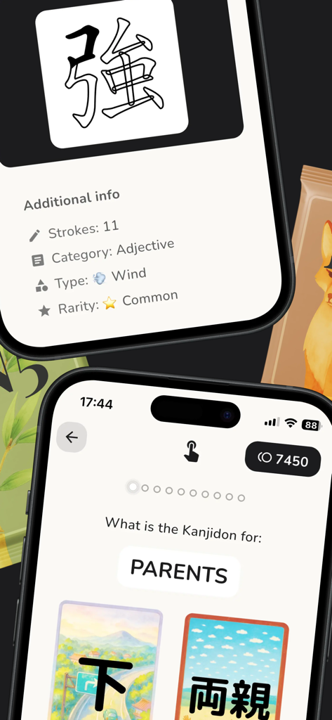Kanjidon - Kanji Flashcards - Pantallas de la aplicación Kanjidon que muestran atributos de caracteres kanji como rareza y trazos junto con una interfaz de cuestionario de vocabulario de opción múltiple