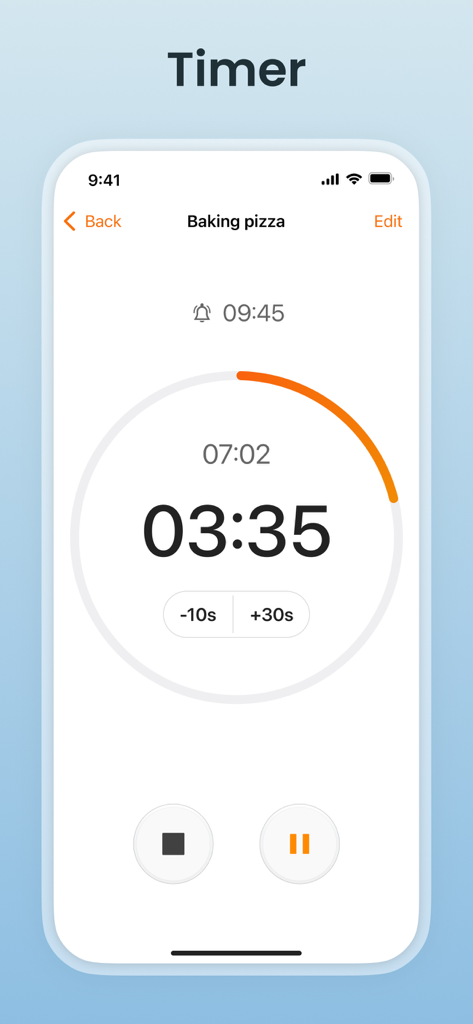 MultiTimer: Stopwatch + Timer - Active countdown timer for baking pizza on the MultiTimer app interface