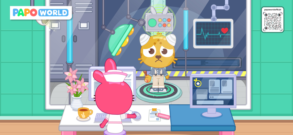 Papo Town Clinic Doctor - A pink nurse character sitting at a desk while a yellow animal patient undergoes a medical scan in the clinic.