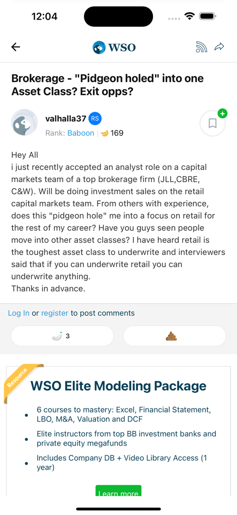 A forum discussion about finance career paths and a financial modeling course advertisement on the Wall Street Oasis app.